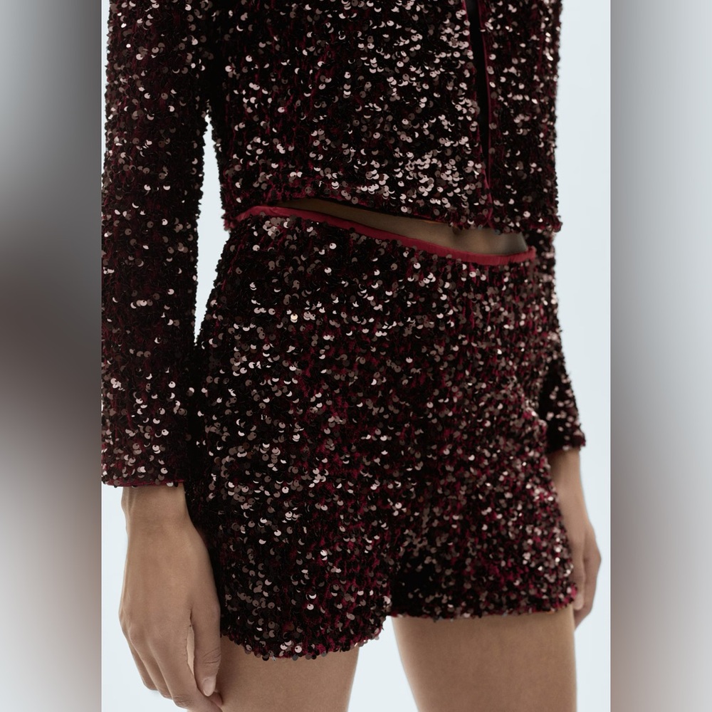 Mango Burgundy Sequin Party Shorts Sparkle Festival Outfit | NWT Size XS - Picture 6 of 10